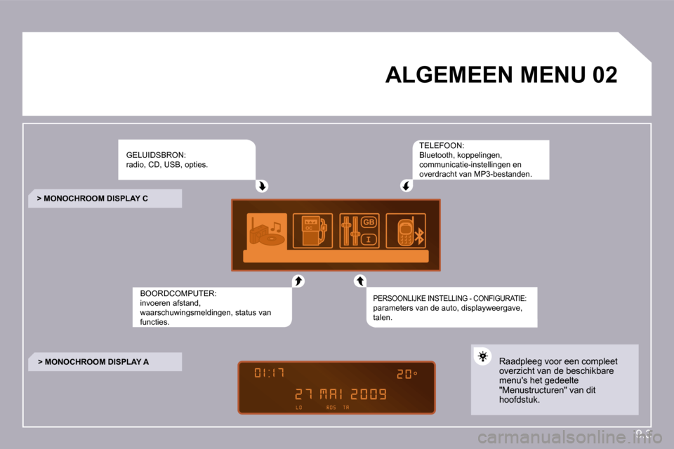 Peugeot Partner 2009  Handleiding (in Dutch) 9.3
�0�2� � � � � � � � � �A�L�G�E�M�E�E�N� �M�E�N�U� � 
 GELUIDSBRON: radio, CD, USB, opties. 
 BOORDCOMPUTER: invoeren afstand, waarschuwingsmeldingen, status van functies.  
 TELEFOON: Bluetooth, k