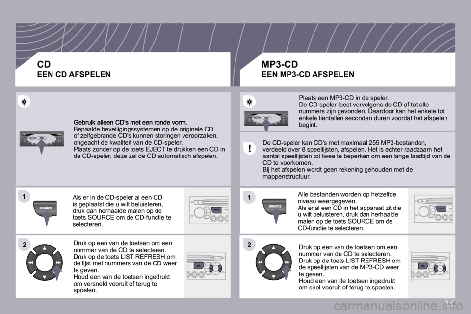 Peugeot Partner 2009  Handleiding (in Dutch) 9.5
�1�1
�2�2
�1�1
�2�2
 Bepaalde beveiligingssystemen op de originele CD of zelfgebrande CDs kunnen storingen veroorzaken, ongeacht de kwaliteit van de CD-speler.  Plaats zonder op de toets EJECT te