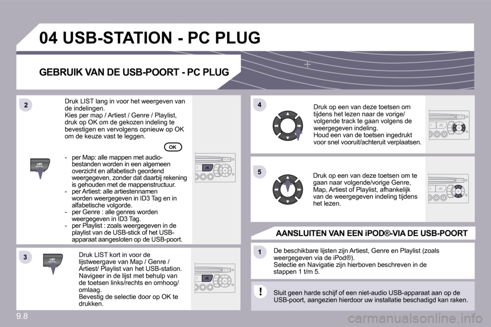Peugeot Partner 2009  Handleiding (in Dutch) 9.8
�3�3
�0�4
�4�4
�1�1
�5�5
�2�2
� �U�S�B�-�S�T�A�T�I�O�N� �-� �P�C� �P�L�U�G� 
� � �G�E�B�R�U�I�K� �V�A�N� �D�E� �U�S�B�-�P�O�O�R�T� �-� �P�C� �P�L�U�G� 
  Druk LIST kort in voor de lijstweergave va
