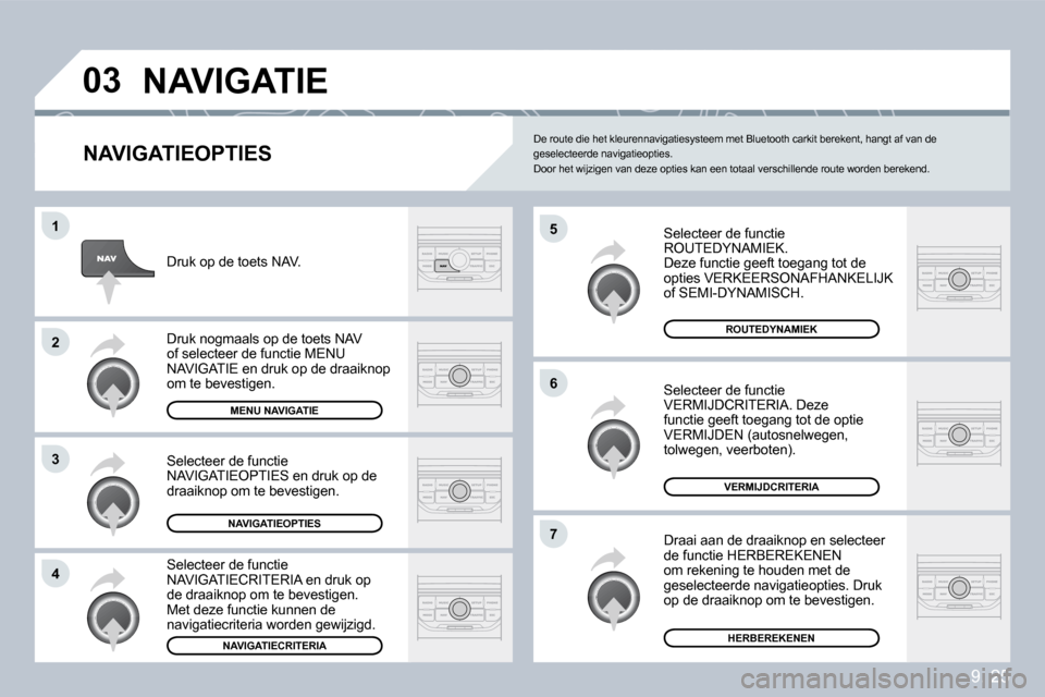 Peugeot Partner 2009  Handleiding (in Dutch) 9. 25
�0�3
�5
�6
�7
�1
�2
�3
�4
� �N�A�V�I�G�A�T�I�E� 
� � �N�A�V�I�G�A�T�I�E�O�P�T�I�E�S� 
 Selecteer de functie ROUTEDYNAMIEK.  Deze functie geeft toegang tot de opties VERKEERSONAFHANKELIJK of SEMI