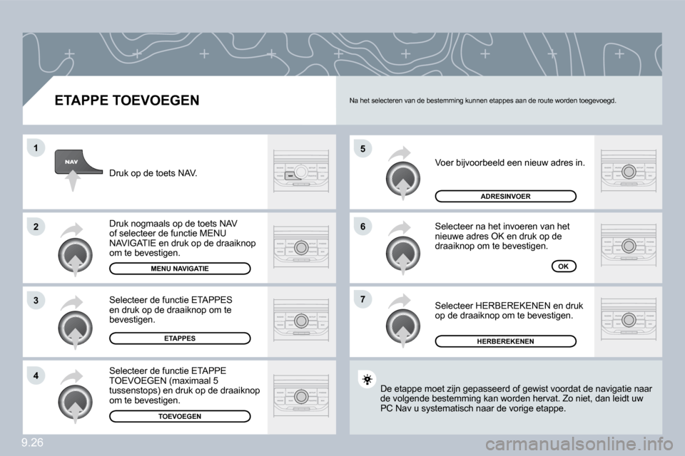 Peugeot Partner 2009  Handleiding (in Dutch) 9.26
�5
�6
�7
�1
�2
�3
�4
� � �E�T�A�P�P�E� �T�O�E�V�O�E�G�E�N� 
 Voer bijvoorbeeld een nieuw adres in. 
 Selecteer na het invoeren van het nieuwe adres OK en druk op de draaiknop om te bevestigen. 
 