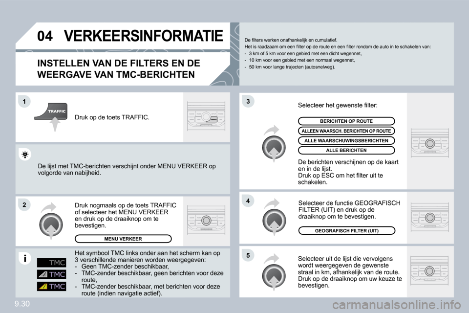 Peugeot Partner 2009  Handleiding (in Dutch) 9.30
�0�4
�1
�2
�5
�4
�3
�V�E�R�K�E�E�R�S�I�N�F�O�R�M�A�T�I�E
� � �I�N�S�T�E�L�L�E�N� �V�A�N� �D�E� �F�I�L�T�E�R�S� �E�N� �D�E� 
�W�E�E�R�G�A�V�E� �V�A�N� �T�M�C�-�B�E�R�I�C�H�T�E�N� 
 Selecteer uit d