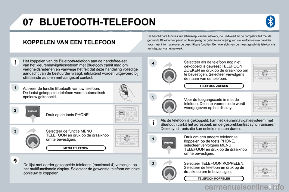 Peugeot Partner 2009  Handleiding (in Dutch) 9. 35
�0�7
�1
�3
�5
�4
�2
�1
�2
 De beschikbare functies zijn afhankelijk van het netwerk, de SIM-kaart en de compatibiliteit met de gebruikte Bluetooth-apparatuur. Raadpleeg de gebrui ksaanwijzing va