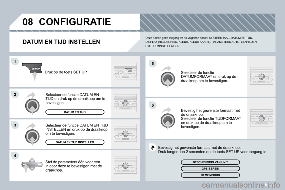 Peugeot Partner 2009  Handleiding (in Dutch) 9. 37
�0�8
�5
�6
�1
�2
�3
�4
 CONFIGURATIE 
  DATUM EN TIJD INSTELLEN 
 Deze functie geeft toegang tot de volgende opties: SYSTEEMTAAL, DATUM EN TIJD, DISPLAY (HELDERHEID, KLEUR, KLEUR KAART), PARAMET