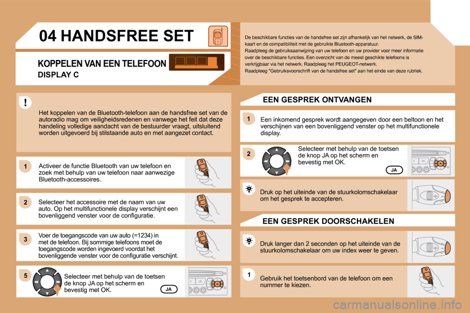 Peugeot Partner 2009  Handleiding (in Dutch) 11
22
33
11
22
5511
04 HANDSFREE SET 
� �H�e�t� �k�o�p�p�e�l�e�n� �v�a�n� �d�e� �B�l�u�e�t�o�o�t�h�-�t�e�l�e�f�o�o�n� �a�a�n� �d�e� �h�a�n�d�s�f�r�e�e� �s�e�t� �v�a�n� �d�e� �a�u�t�o�r�a�d�i�o� �m�a�g