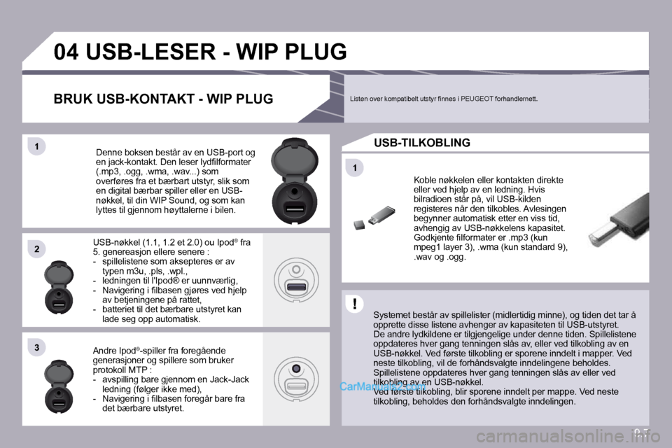 Peugeot Partner 2009  Brukerhåndbok (in Norwegian) 9.7
�1�1
�0�4
�1�1
�2�2
�3�3
� � � � � � � � � �U�S�B�-�L�E�S�E�R� �-� �W�I�P� �P�L�U�G� 
  Systemet består av spillelister (midlertidig minne), og tiden det tar å opprette disse listene avhenger av