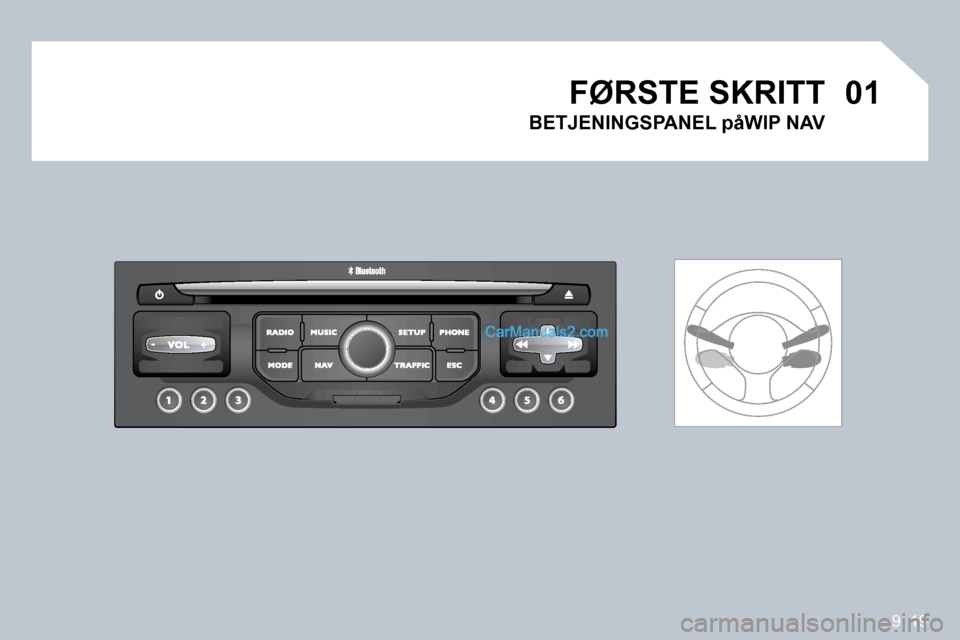 Peugeot Partner 2009  Brukerhåndbok (in Norwegian) 9. 19
�0�1�0�1 FØRSTE SKRITT 
� � �B�E�T�J�E�N�I�N�G�S�P�A�N�E�L� �p�å�W�I�P� �N�A�V� �      