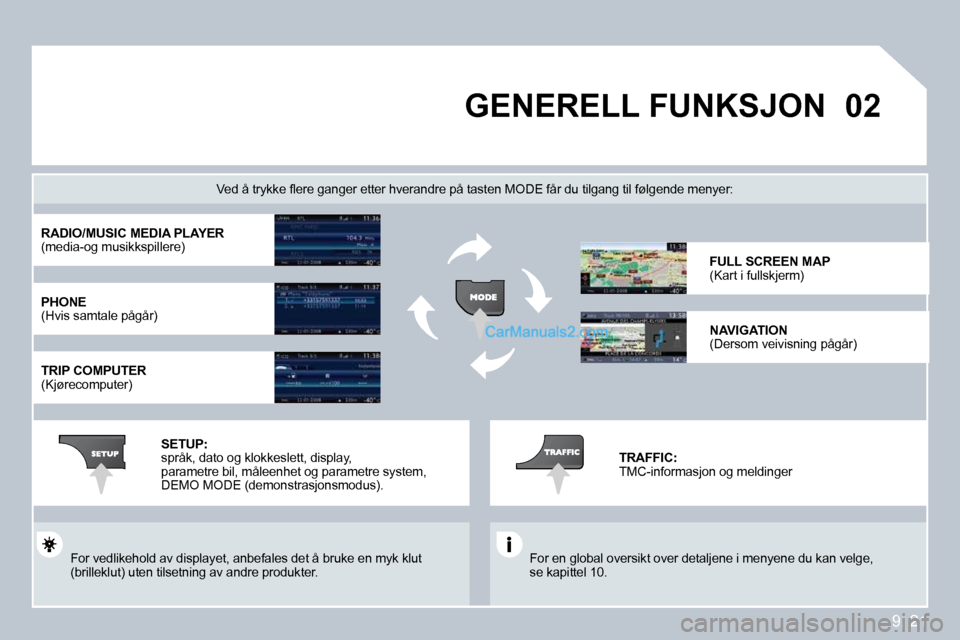 Peugeot Partner 2009  Brukerhåndbok (in Norwegian) 9. 21
�0�2 GENERELL FUNKSJON 
 For en global oversikt over detaljene i menyene du kan velge, se kapittel 10.  
� � �V�e�d� �å� �t�r�y�k�k�e� �ﬂ� �e�r�e� �g�a�n�g�e�r� �e�t�t�e�r� �h�v�e�r�a�n�d�r�e