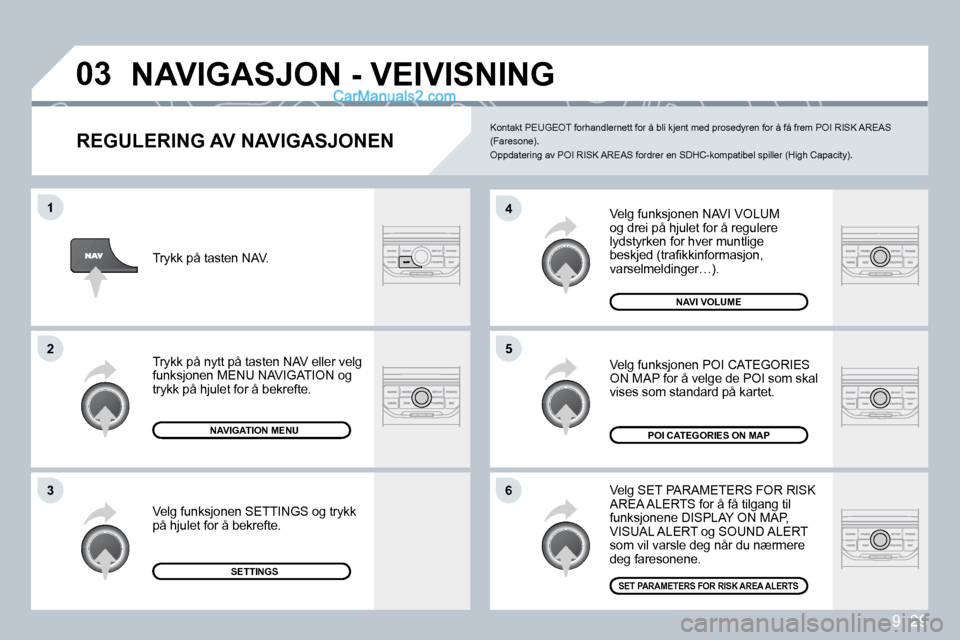Peugeot Partner 2009  Brukerhåndbok (in Norwegian) 9. 29
�0�3
�6
�4
�5
�1
�2
�3
� � �R�E�G�U�L�E�R�I�N�G� �A�V� �N�A�V�I�G�A�S�J�O�N�E�N� 
 Velg funksjonen NAVI VOLUM og drei på hjulet for å regulere lydstyrken for hver muntlige �b�e�s�k�j�e�d� �(�t