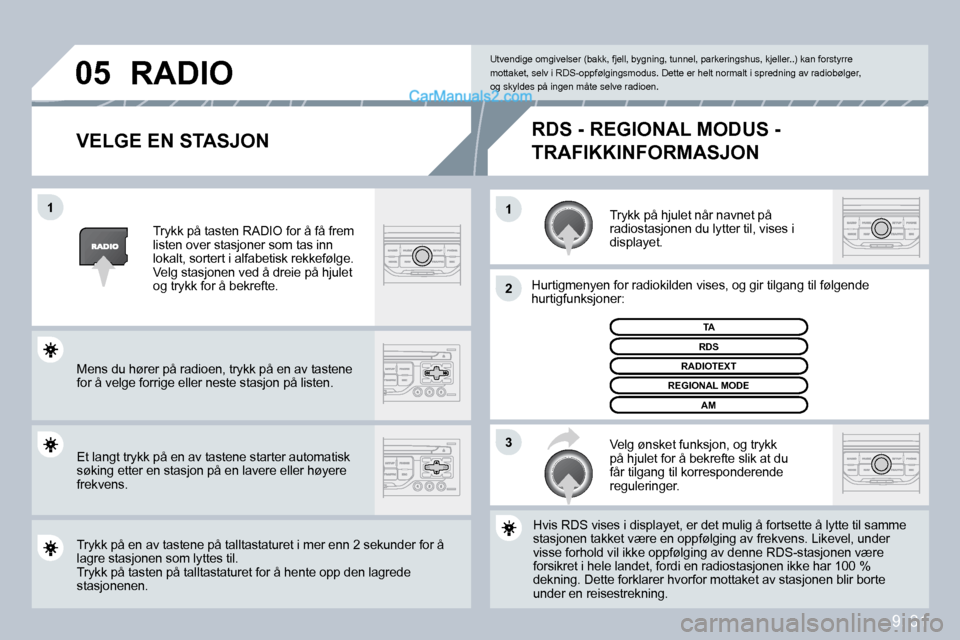 Peugeot Partner 2009  Brukerhåndbok (in Norwegian) 9. 31
�1�1
�2
�3
�0�5
� � �V�E�L�G�E� �E�N� �S�T�A�S�J�O�N� 
 Trykk på hjulet når navnet på radiostasjonen du lytter til, vises i displayet. 
 Hurtigmenyen for radiokilden vises, og gir tilgang til