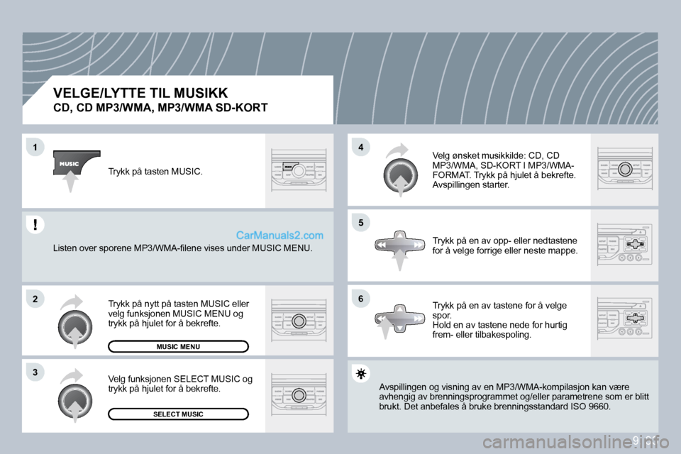 Peugeot Partner 2009  Brukerhåndbok (in Norwegian) 9. 33
�1
�2
�3
�5
�4
�6
� � �V�E�L�G�E�/�L�Y�T�T�E� �T�I�L� �M�U�S�I�K�K� � 
�C�D�,� �C�D� �M�P�3�/�W�M�A�,� �M�P�3�/�W�M�A� �S�D�-�K�O�R�T� 
 Avspillingen og visning av en MP3/WMA-kompilasjon kasjon 