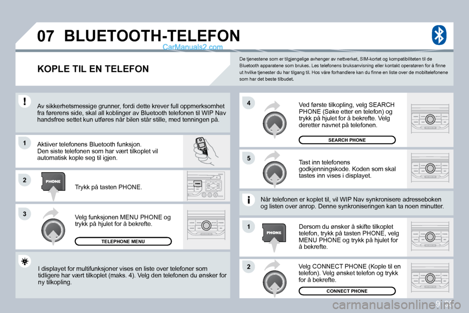 Peugeot Partner 2009  Brukerhåndbok (in Norwegian) 9. 35
�0�7
�1
�3
�5
�4
�2
�1
�2
 De tjenestene som er tilgjengelige avhenger av nettverket, SIM-kortet og kompatibiliteten til de �B�l�u�e�t�o�o�t�h� �a�p�p�a�r�a�t�e�n�e� �s�o�m� �b�r�u�k�e�s�.� �L�e