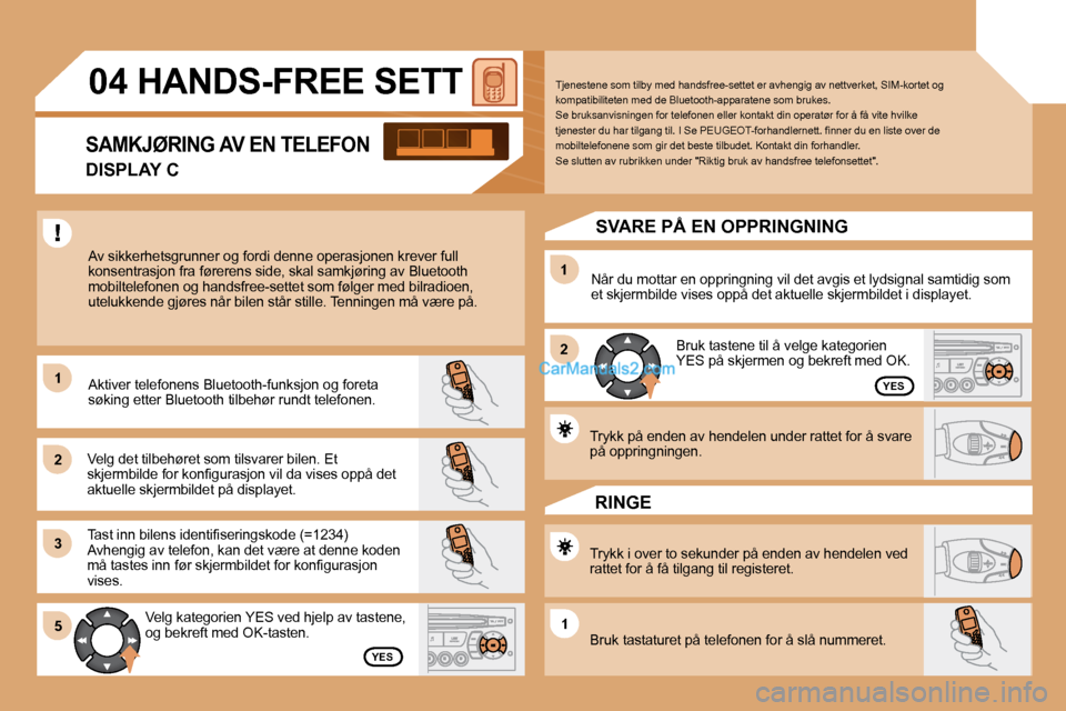 Peugeot Partner 2009  Brukerhåndbok (in Norwegian) 11
22
33
11
22
5511
04 HANDS-FREE SETT 
 Av sikkerhetsgrunner og fordi denne operasjonen krever full konsentrasjon fra førerens side, skal samkjøring av Bluetooth mobiltelefonen og handsfree-settet 