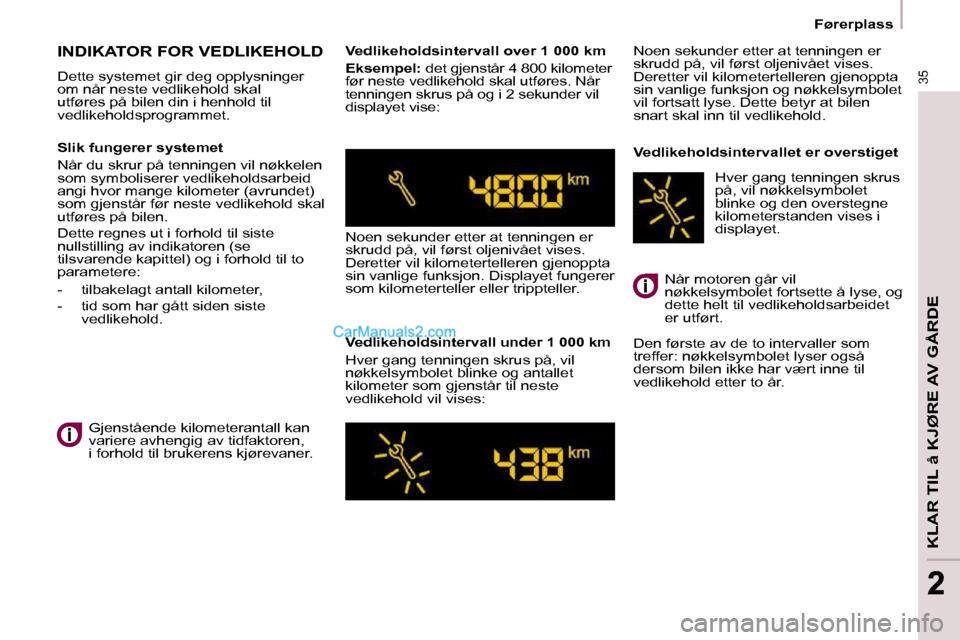 Peugeot Partner 2009 Brukerhåndbok (in Norwegian) 35
KLAR TIL å KJØRE AV GÅRDE
22
Førerplass
INDIKATOR FOR VEDLIKEHOLD
Dette systemet gir deg opplysninger
om når neste vedlikehold skal
utføres på bilen din i henhold til
vedlikehol Peugeot Partner 2009 Brukerhåndbok (in Norwegian) 35
KLAR TIL å KJØRE AV GÅRDE
22
Førerplass
INDIKATOR FOR VEDLIKEHOLD
Dette systemet gir deg opplysninger
om når neste vedlikehold skal
utføres på bilen din i henhold til
vedlikehol