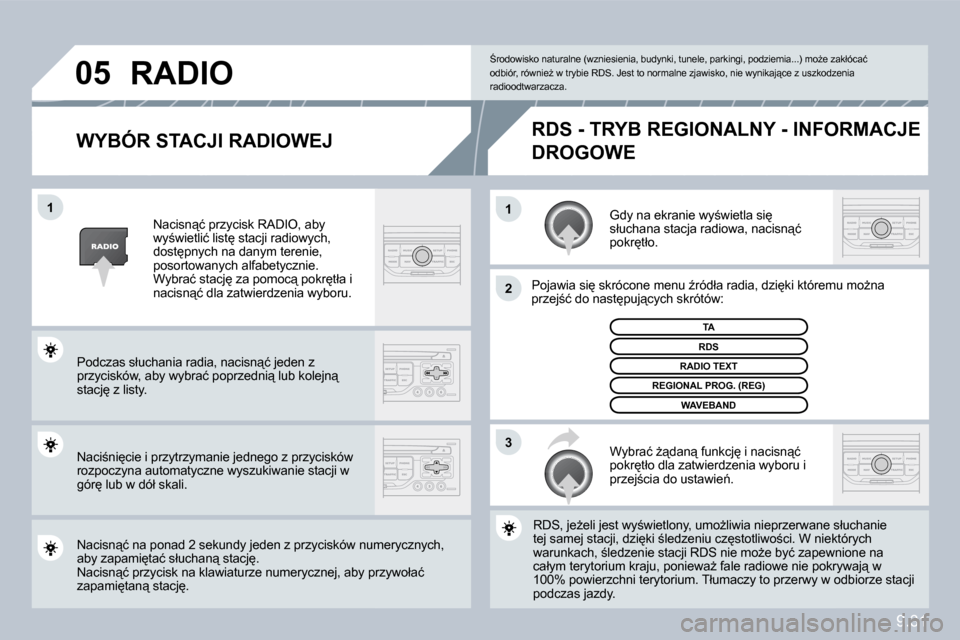 Peugeot Partner 2009  Instrukcja Obsługi (in Polish) �9�.�3�1
11
2
3
�0�5
� � �W�Y�B�Ó�R� �S�T�A�C�J�I� �R�A�D�I�O�W�E�J� 
� �G�d�y� �n�a� �e�k�r�a�n�i�e� �w�y;�w�i�e�t�l�a� �s�i
� �s�ł�u�c�h�a�n�a� �s�t�a�c�j�a� �r�a�d�i�o�w�a�,� �n�a�c�i�s�n"�ć�