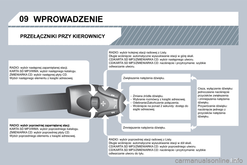 Peugeot Partner 2009  Instrukcja Obsługi (in Polish) �9�.�3�9
�0�9
� �K�A�R�T�A� �S�D� �M�P�3�/�W�M�A�:� �w�y�b�ó�r� �p�o�p�r�z�e�d�n�i�e�g�o� �k�a�t�a�l�o�g�u�.� � �Z�M�I�E�N�I�A�R�K�A� �C�D�:� �w�y�b�ó�r� �p�o�p�r�z�e�d�n�i�e�j� �p�ł�y�t�y� �C�D�.�