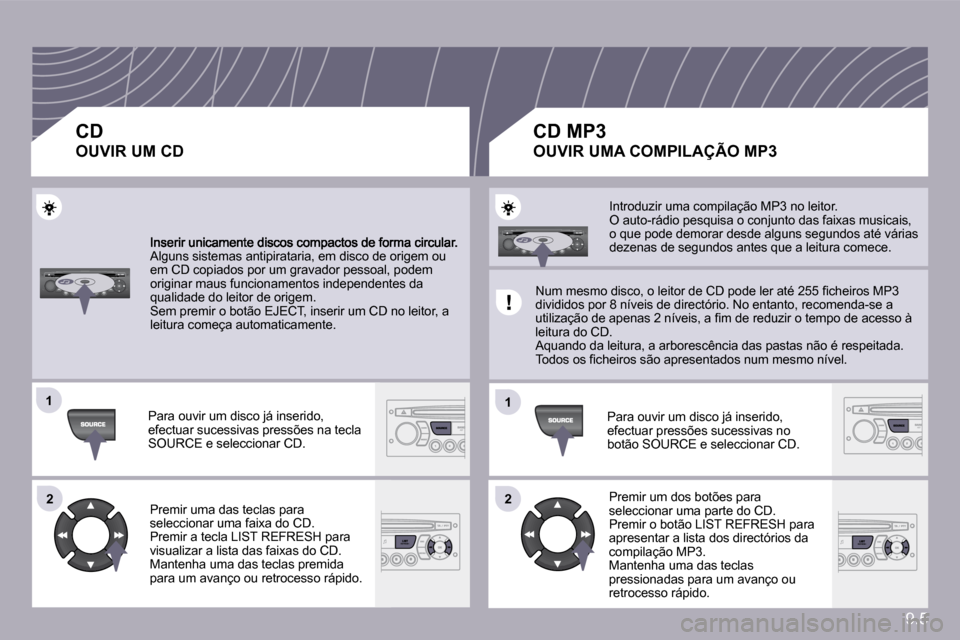 Peugeot Partner 2009  Manual do proprietário (in Portuguese) 9.5
�1�1
�2�2
�1�1
�2�2
� �A�l�g�u�n�s� �s�i�s�t�e�m�a�s� �a�n�t�i�p�i�r�a�t�a�r�i�a�,� �e�m� �d�i�s�c�o� �d�e� �o�r�i�g�e�m� �o�u� �e�m� �C�D� �c�o�p�i�a�d�o�s� �p�o�r� �u�m� �g�r�a�v�a�d�o�r� �p�e�s