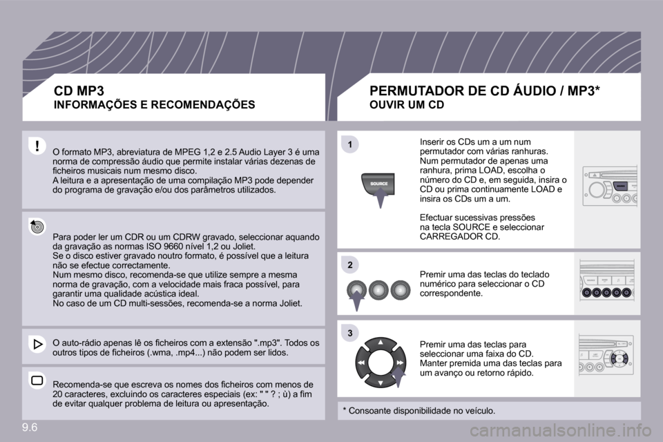 Peugeot Partner 2009  Manual do proprietário (in Portuguese) 9.6
�1�1
�2�2
�3�3
� �O� �f�o�r�m�a�t�o� �M�P�3�,� �a�b�r�e�v�i�a�t�u�r�a� �d�e� �M�P�E�G� �1�,�2� �e� �2�.�5� �A�u�d�i�o� �L�a�y�e�r� �3� �é� �u�m�a� �n�o�r�m�a� �d�e� �c�o�m�p�r�e�s�s�ã�o� �á�u�d