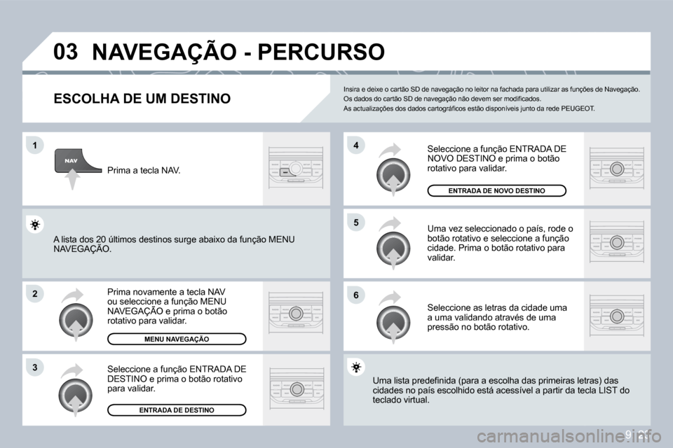 Peugeot Partner 2009  Manual do proprietário (in Portuguese) 9. 23
�0�3
�1
�2
�3
�6
�5
�4
 NAVEGAÇÃO - PERCURSO 
  ESCOLHA DE UM DESTINO 
 Prima novamente a tecla NAV ou seleccione a função MENU NAVEGAÇÃO e prima o botão ou seleccione a função MENU cci