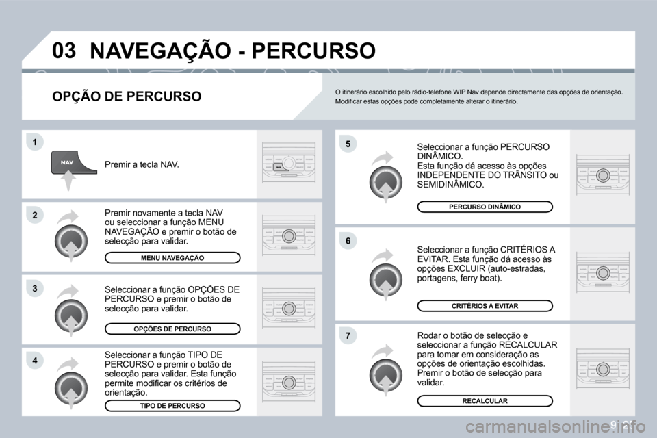 Peugeot Partner 2009  Manual do proprietário (in Portuguese) 9. 25
�0�3
�5
�6
�7
�1
�2
�3
�4
 NAVEGAÇÃO - PERCURSO 
  OPÇÃO DE PERCURSO 
 Seleccionar a função PERCURSO DINÂMICO.  Seleccionar a Selecc
 Esta função dá acesso às opções INDEPENDENTE DO