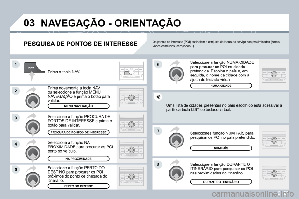 Peugeot Partner 2009  Manual do proprietário (in Portuguese) 9. 27
�0�3
�1
�2
�3
�4
�7
�8�5
�6
 NAVEGAÇÃO - ORIENTAÇÃO 
� � �P�E�S�Q�U�I�S�A� �D�E� �P�O�N�T�O�S� �D�E� �I�N�T�E�R�E�S�S�E� 
 Prima a tecla NAV. 
 Prima novamente a tecla NAV ou seleccione a fu