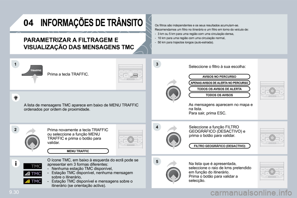 Peugeot Partner 2009  Manual do proprietário (in Portuguese) 9.30
�0�4
�1
�2
�5
�4
�3
 INFORMAÇÕES DE TRÂNSITO 
  PARAMETRIZAR A FILTRAGEM E 
VISUALIZAÇÃO DAS MENSAGENS TMC 
 Na lista que é apresentada, seleccione o raio de kms pretendido em função do i