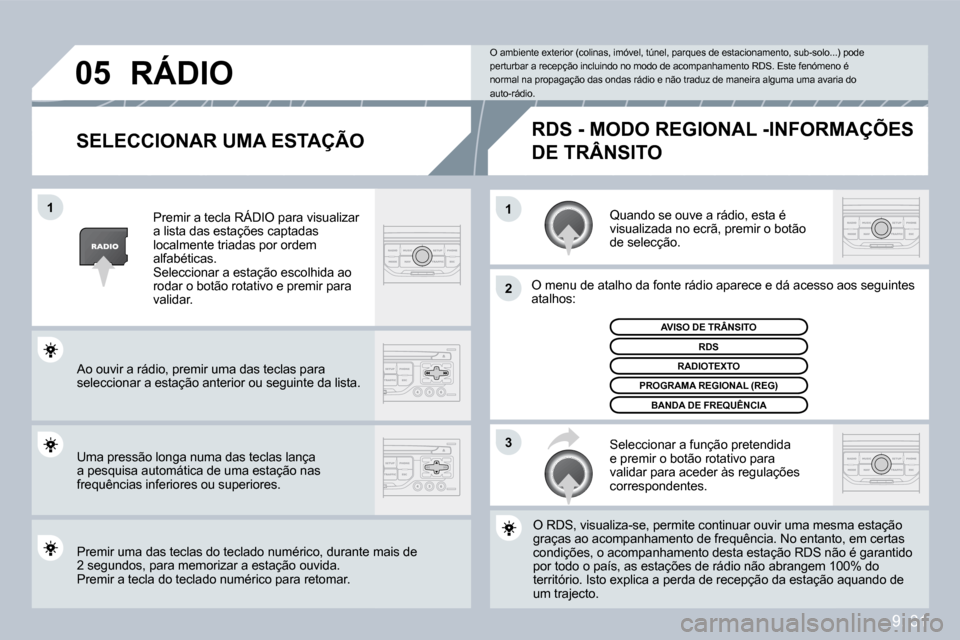 Peugeot Partner 2009  Manual do proprietário (in Portuguese) 9. 31
�1�1
�2
�3
�0�5
  SELECCIONAR UMA ESTAÇÃO 
 Quando se ouve a rádio, esta é visualizada no ecrã, premir o botão de selecção. 
 O menu de atalho da fonte rádio aparece e dá acesso asso a