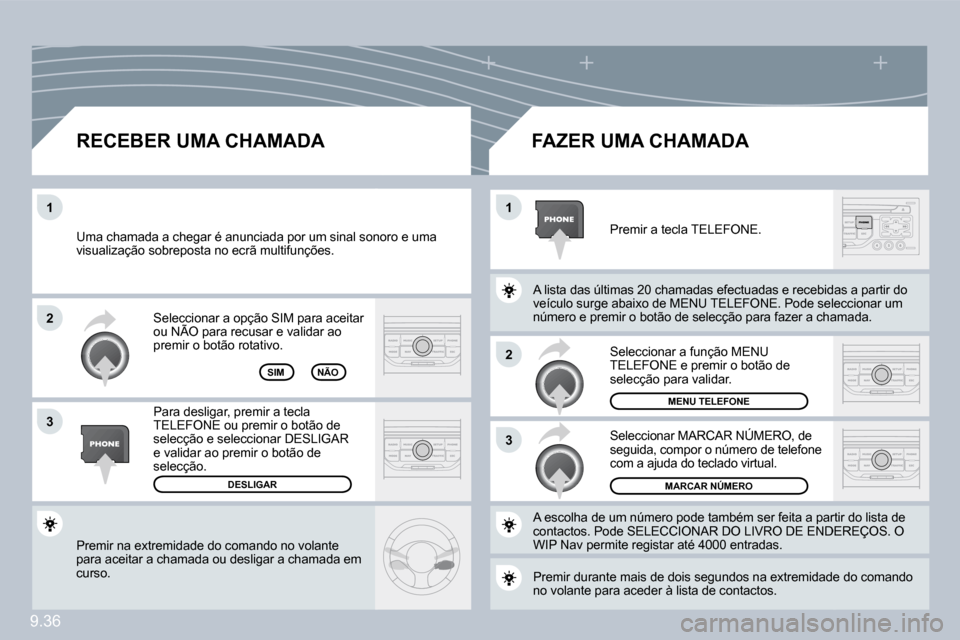 Peugeot Partner 2009  Manual do proprietário (in Portuguese) 9.36
�2
�3
�1�1
�2
�3
 Premir na extremidade do comando no volante para aceitar a chamada ou desligar a chamada em curso.  
 Seleccionar a opção SIM para aceitar ou NÃO para recusar e validar ao  S