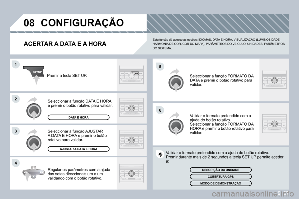 Peugeot Partner 2009  Manual do proprietário (in Portuguese) 9. 37
�0�8
�5
�6
�1
�2
�3
�4
 CONFIGURAÇÃO 
  ACERTAR A DATA E A HORA 
 Esta função dá acesso às opções: IDIOMAS, DATA E HORA, VISUALIZAÇÃO (LUMINOSIDADE, HARMONIA DE COR, COR DO MAPA), PAR