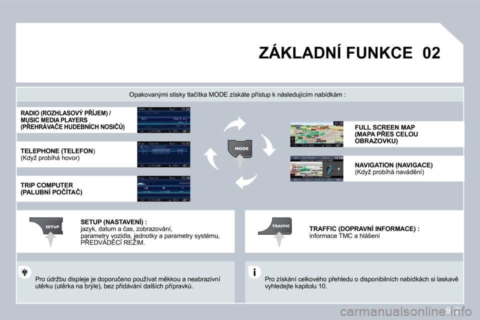 Peugeot Partner 2009  Návod k obsluze (in Czech) 9. 21
�0�2� �Z�Á�K�L�A�D�N�Í� �F�U�N�K�C�E� 
� �P�r�o� �z�í�s�k�á�n�í� �c�e�l�k�o�v�é�h�o� �p9�e�h�l�e�d�u� �o� �d�i�s�p�o�n�i�b�i�l�n�í�c�h� �n�a�b�í�d�k�á�c�h� �s�i� �l�a�s�k�a�v)� �v�y�h