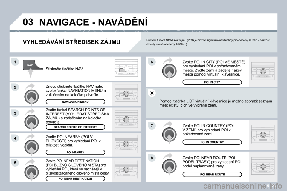 Peugeot Partner 2009  Návod k obsluze (in Czech) 9. 27
�0�3
�1
�2
�3
�4
�7
�8�5
�6
� �N�A�V�I�G�A�C�E� �-� �N�A�V�Á�D(�N�Í� 
� � �V�Y�H�L�E�D�Á�V�Á�N�Í� �S�T8�E�D�I�S�E�K� �Z�Á�J�M�U� 
� �S�t�i�s�k�n)�t�e� �t�l�a�č�í�t�k�o� �N�A�V�.� 
� �