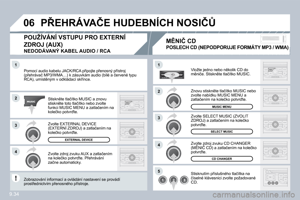 Peugeot Partner 2009  Návod k obsluze (in Czech) �9�.�3�4
�1
�2
�3
�4
�1
�4
�0�6
�2
�3
�5
� �P�o�m�o�c�í� �a�u�d�i�o� �k�a�b�e�l�u� �J�A�C�K�/�R�C�A� �p9�i�p�o�j�t�e� �p9�e�n�o�s�n�ý� �p9�í�s�t�r�o�j� � �P�o�m�o�c�í� �a�u�d�i�o� �k�a�b�e�l�u�