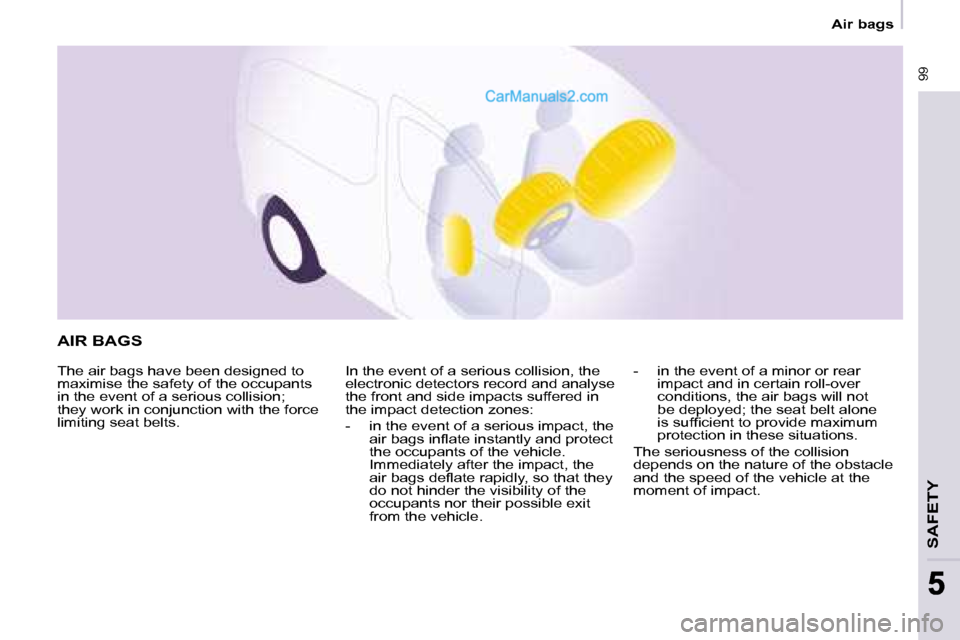 Peugeot Partner 2008.5 Owners Manual 99
SAFETY
99
55
Air bags
AIR BAGS
The air bags have been designed to
maximise the safety of the occupants
in the event of a serious collision;
they work in conjunction with the force
l Peugeot Partner 2008.5 Owners Manual 99
SAFETY
99
55
Air bags
AIR BAGS
The air bags have been designed to
maximise the safety of the occupants
in the event of a serious collision;
they work in conjunction with the force
l