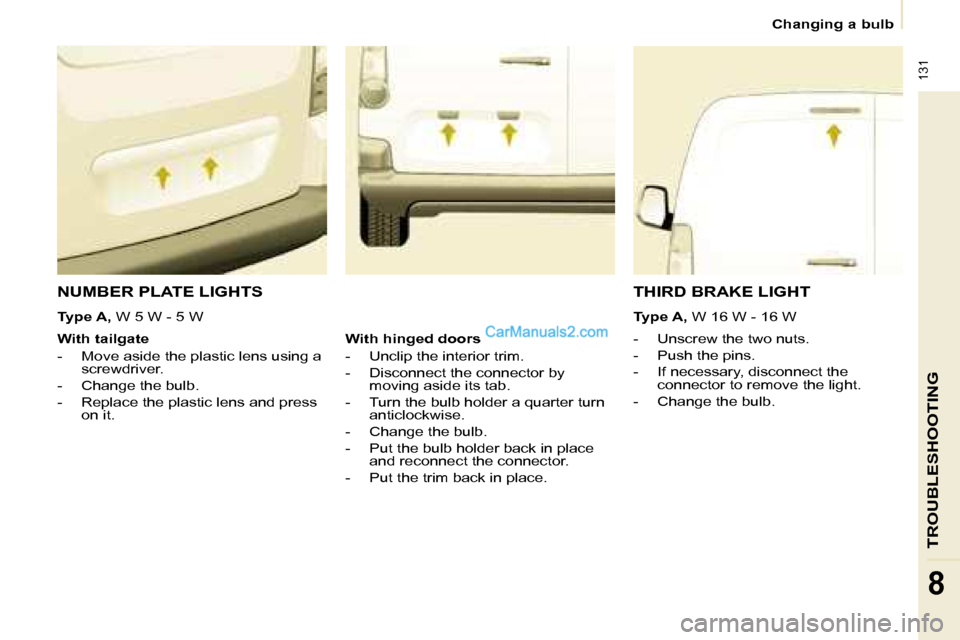 Peugeot Partner 2008.5  Owners Manual  131
TROUBLESHOOTING
8
   Changing a bulb   
 NUMBER PLATE LIGHTS 
    -   Unscrew the two nuts.  
  -   Push the pins. 
  -   If necessary, disconnect the connector to remove the light. 
  -   Change