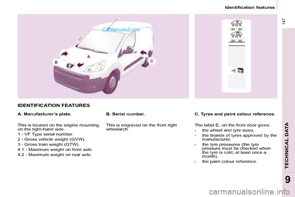 Peugeot Partner 2008.5  Owners Manual  147
TECHNICAL DATA
9
   Identification features   
 IDENTIFICATION FEATURES  
  A. Manufacturer’s plate.   C. Tyres and paint colour reference. 
  B. Serial number. 
 This is located on the engine 