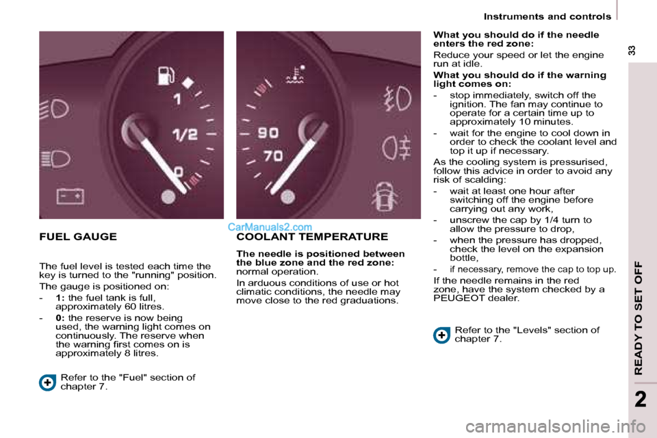 Peugeot Partner 2008.5  Owners Manual READY TO SET OFF
 33 33
22
   Instruments and controls   
 FUEL GAUGE  COOLANT TEMPERATURE 
  
The needle is positioned between  
the blue zone and the red zone:   
normal operation.  
 In arduous con