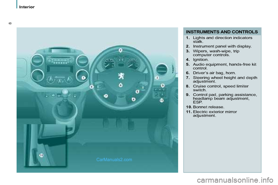 Peugeot Partner 2008.5  Owners Manual 8
Interior
  INSTRUMENTS AND CONTROLS 
   
1.    Lights and direction indicators 
stalk. 
  
2.    Instrument panel with display. 
  
3.    Wipers, wash-wipe, trip 
computer controls. 
  
4.    Igniti