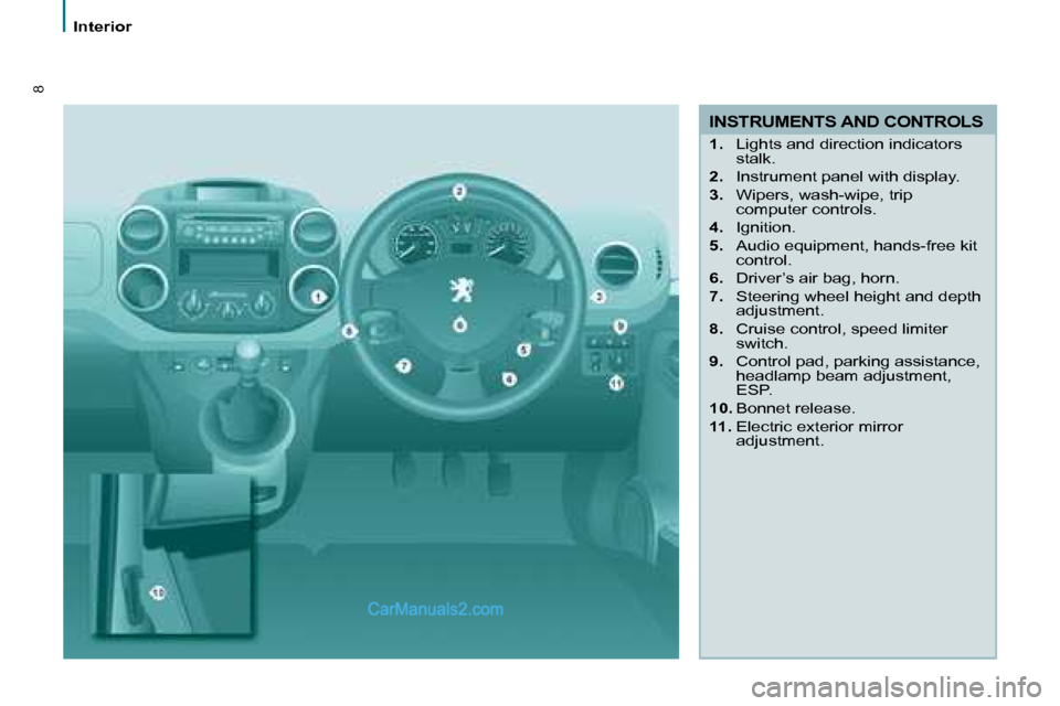 Peugeot Partner 2008.5  Owners Manual 8
Interior
  INSTRUMENTS AND CONTROLS 
   
1.    Lights and direction indicators 
stalk. 
  
2.    Instrument panel with display. 
  
3.    Wipers, wash-wipe, trip 
computer controls. 
  
4.    Igniti