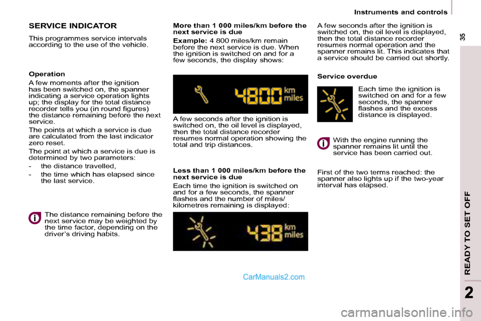 Peugeot Partner 2008.5  Owners Manual READY TO SET OFF
 35 35
22
   Instruments and controls   
 SERVICE INDICATOR 
 This programmes service intervals  
according to the use of the vehicle.    More than 1 000 miles/km before the 
next ser