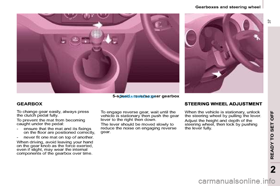 Peugeot Partner 2008.5 Owners Guide  37
READY TO SET OFF
 37
22
Gearboxes and steering wheel
 GEARBOX  
  5-speed - reverse gear gearbox   
    
 To change gear easily, always press  
the clutch pedal fully.  
 To prevent the mat from b