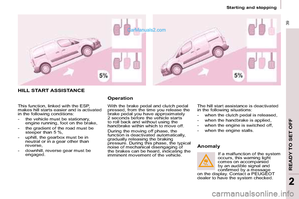 Peugeot Partner 2008.5 Owners Guide  39
READY TO SET OFF
 39
22
   Starting and stopping   
 HILL START ASSISTANCE 
  Operation  
 With the brake pedal and clutch pedal  
pressed, from the time you release the 
brake pedal you have appr