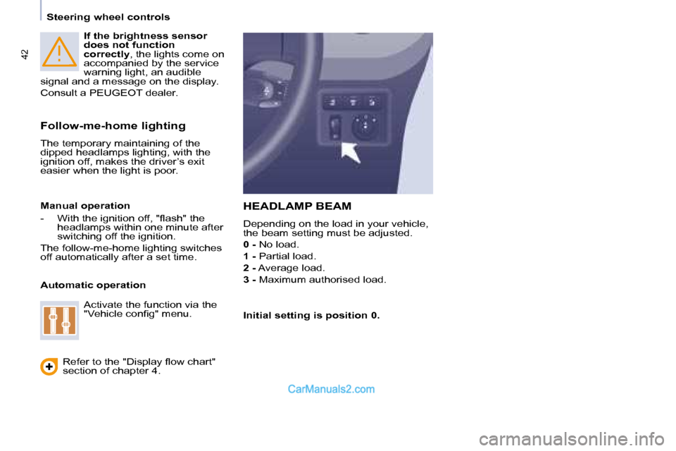 Peugeot Partner 2008.5  Owners Manual 42
   Steering wheel controls     
If the brightness sensor  
does not function 
correctly  , the lights come on 
accompanied by the service 
warning light, an audible 
signal and a message on the dis