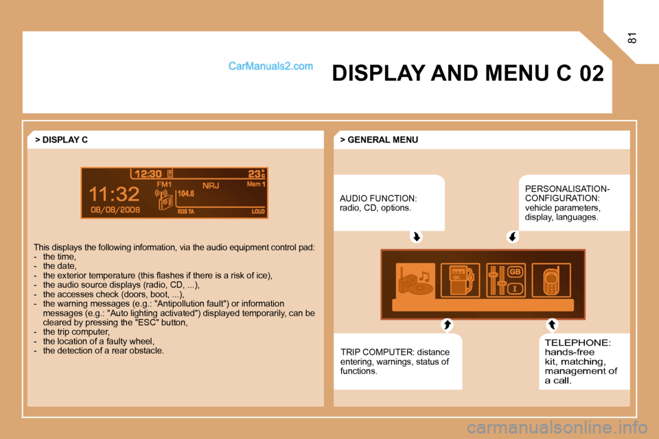 Peugeot Partner 2008.5  Owners Manual NRJ
8
02
81
 DISPLAY AND MENU C 
 AUDIO FUNCTION: radio, CD, options. 
 PERSONALISATION-CONFIGURATION: vehicle parameters, display, languages. 
 TELEPHONE: hands-free kit, matching, management of a ca