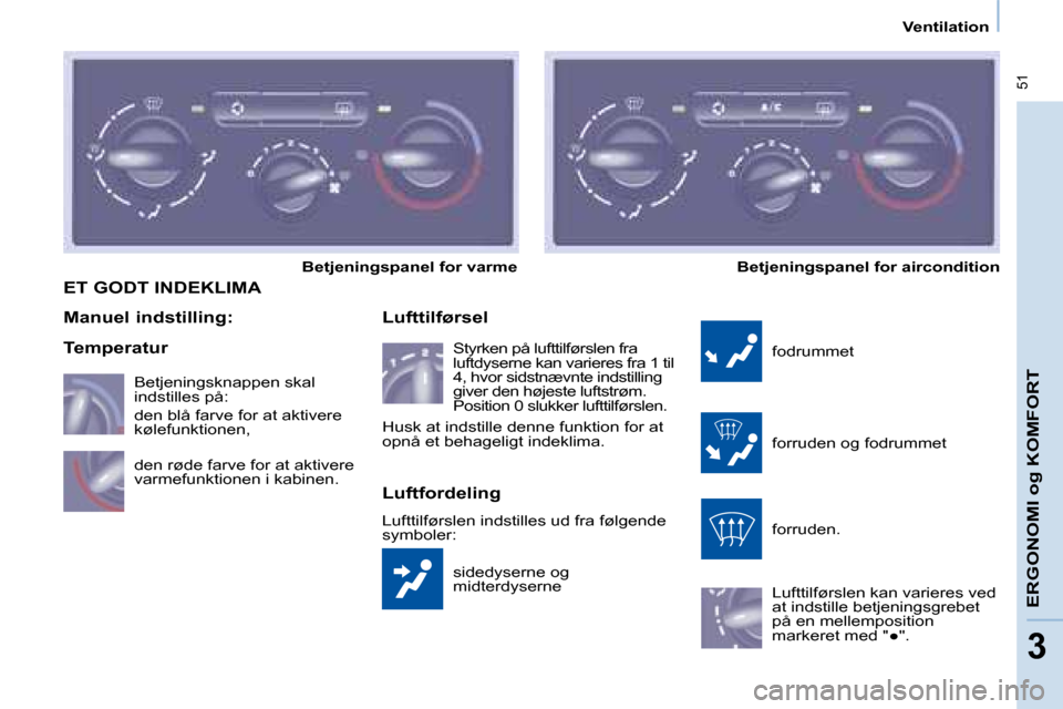 Peugeot Partner 2008  Instruktionsbog (in Danish)  51
ERGONOMI og KOMFORT
33
Ventilation
ET GODT INDEKLIMA
sidedyserne og  
midterdyserne
Lufttilførsel
fodrummet 
forruden og fodrummet 
forruden. 
�L�u�f�t�t�i�l�f�ø�r�s�l�e�n� �k�a�n� �v�a�r�i�e�r�