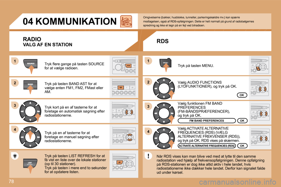 Peugeot Partner 2008  Instruktionsbog (in Danish) 78
1 
2 
3 
4MENU
2 
4
3
1
04 KOMMUNIKATION
RADIO
�T�r�y�k� �l�e�r�e� �g�a�n�g�e� �p�å� �t�a�s�t�e�n� �S�O�U�R�C�E�  
for at vælge radioen. 
�T�r�y�k� �p�å� �t�a�s�t�e�n� �B�A�N�D� �A�S�T� �f�o�r� 