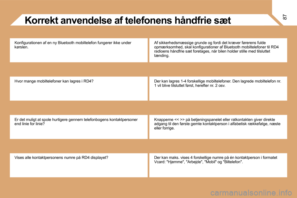 Peugeot Partner 2008  Instruktionsbog (in Danish) 87Korrekt anvendelse af telefonens håndfrie sæt
�K�o�n�i�g�u�r�a�t�i�o�n�e�n� �a�f� �e�n� �n�y� �B�l�u�e�t�o�o�t�h� �m�o�b�i�l�t�e�l�e�f�o�n� �f�u�n�g �e�r�e�r� �i�k�k�e� �u�n�d�e�r� 
�k�ø�r�s�l�e�