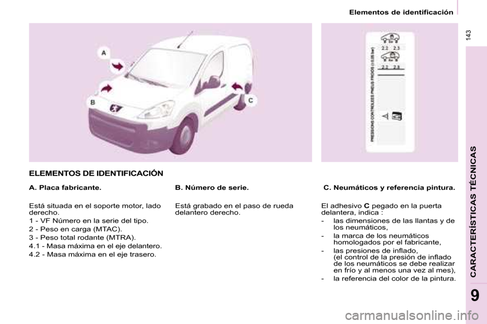 Peugeot Partner 2008  Manual del propietario (in Spanish)  143
CARACTERÍSTICAS TÉCNICAS
9
Elementos de identificación
ELEMENTOS DE IDENTIFICACIÓN
A. Placa fabricante.  C. Neumáticos y referencia pintura.
B. Número de serie.
Está situada en el soporte 