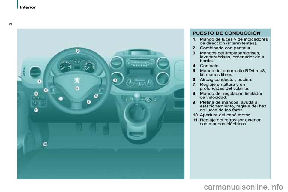 Peugeot Partner 2008  Manual del propietario (in Spanish) 8
Interior
PUESTO DE CONDUCCIÓN
1.  Mando de luces y de indicadores 
de dirección (intermitentes).
2.   Combinado con pantalla.
3.   Mandos del limpiaparabrisas, 
lavaparabrisas, ordenador de a  
bo