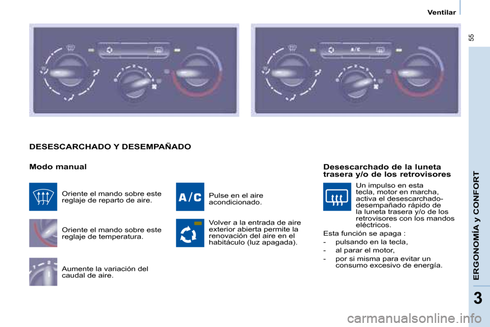 Peugeot Partner 2008  Manual del propietario (in Spanish)  55
ERGONOMÍA y CONFORT
33
Ventilar
DESESCARCHADO Y DESEMPAÑADO
Modo manual
Oriente el mando sobre este  
reglaje de temperatura. 
Aumente la variación del  
caudal de aire.Pulse en el aire 
acondi