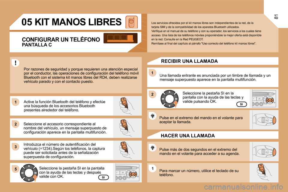 Peugeot Partner 2008  Manual del propietario (in Spanish) 1 
2 
31 
2
5
1
05
81
KIT MANOS LIBRES
Por razones de seguridad y porque requieren una ate nción especial 
�p�o�r� �e�l� �c�o�n�d�u�c�t�o�r�,� �l�a�s� �o�p�e�r�a�c�i�o�n�e�s� �d�e� �c�o�n�i�g�u�r�a�c